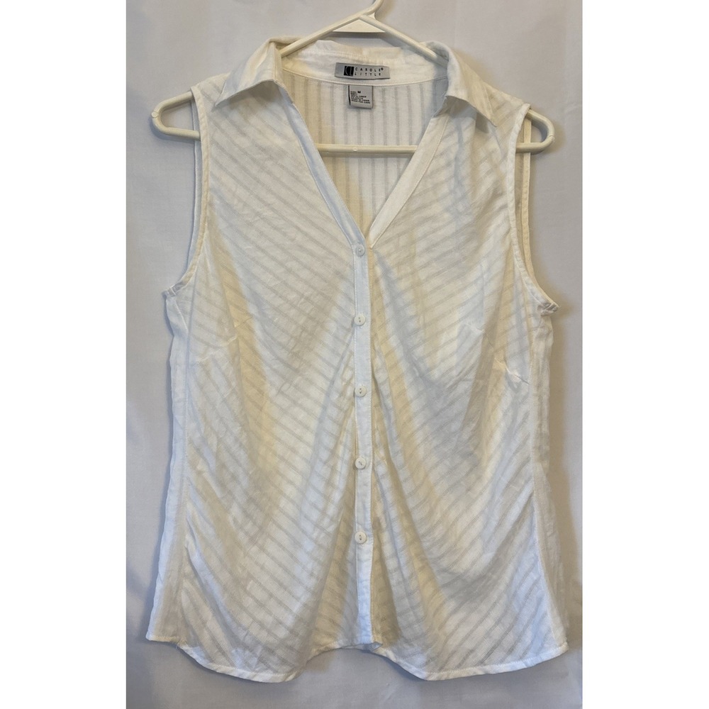 Carole Little VTG White 100% Linen Sleeveless Button Up Collared Blouse Size M
